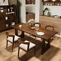 Modern Kitchen Wooden Dining Table Set with Chairs Upholstered Seats Vase Flowers Plates Wine Glasses