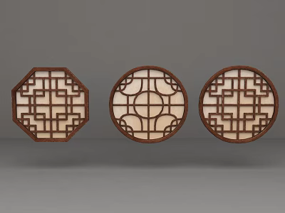 Traditional Chinese Carved Lattice Windows Featuring Octagonal Circular Shapes and Wooden Frames 3d model