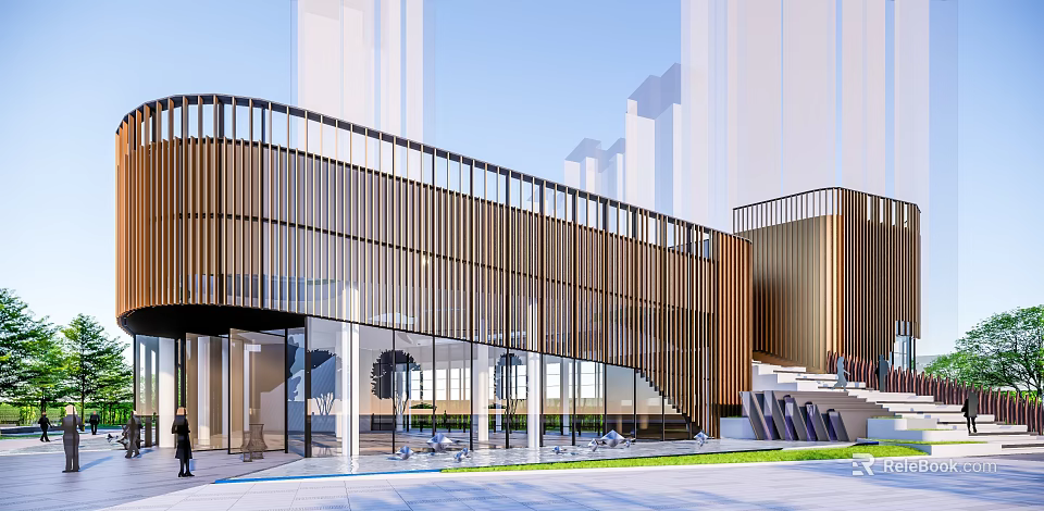 Modern Sales Office Building Exterior Design With Wooden Facade And Large Glass Windows 3d model 