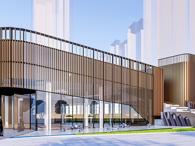 Modern Sales Office Building Exterior Design With Wooden Facade And Large Glass Windows 3d model