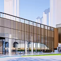 Modern Sales Office Building Exterior Design With Wooden Facade And Large Glass Windows