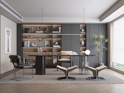 Modern Home Office Interior with Dark Bookshelves Writing Desk Stools Potted Plant and Window Blinds 3d model