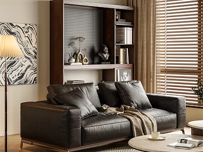 Black Leather Sofa And Round Coffee Table With Decorations Bookshelf Floor Lamp And Blinds 3d model