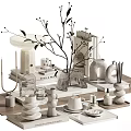 Minimalist Decorative Ornament Set With White Vase Branches Mugs And Books On Wooden Tray