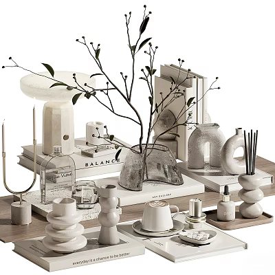 Minimalist Decorative Ornament Set With White Vase Branches Mugs And Books On Wooden Tray 3d model