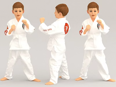 Man In White Karate Uniform Showing Different Training Poses From Three Angles 3d model