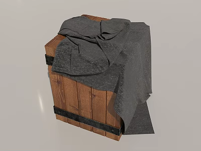 Wooden Stool With Black Metal Accents And Gray Cloth Draped On Top 3d model