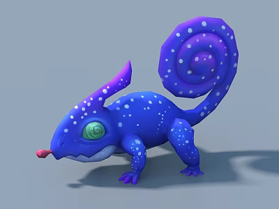Blue Fantasy Game Movie Character With Purple Spiral Tail White Spots Green Eyes Red Tongue 3d model