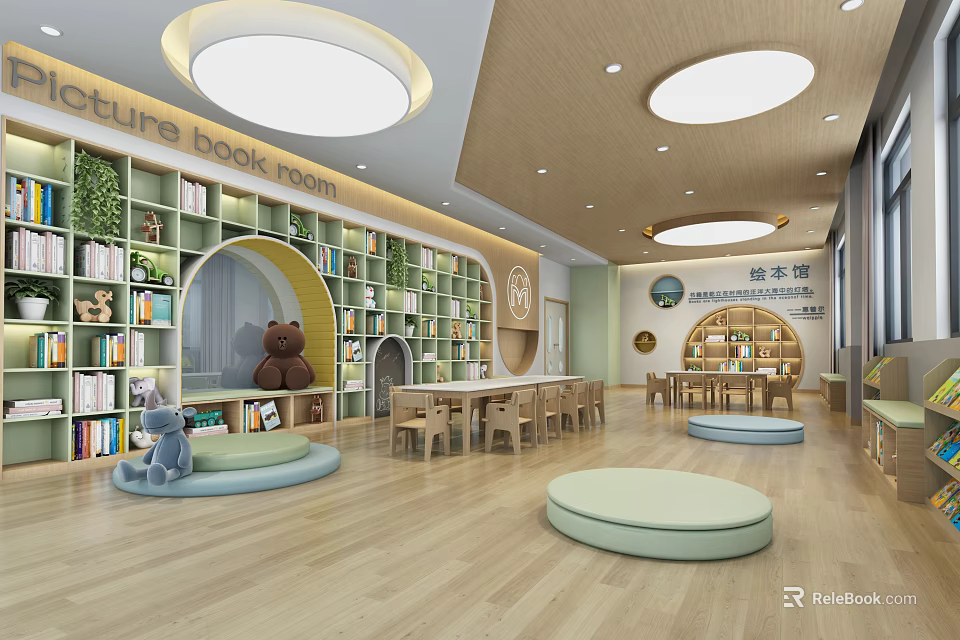Children's Reading Room Interior With Bookshelves Teddy Bear Round Cushions And Wooden Floor 3d model 