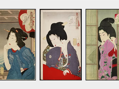 Traditional Japanese Ukiyo e Style Portraits of Women in Colorful Kimono Attire 3d model
