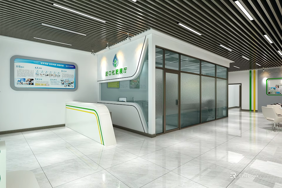 Comprehensive Service Hall Interior With Modern Service Counter And Glass Partitions 3d model 