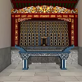 Ancient Architecture with Red Decorations Golden Carvings and Ornate Stone Table