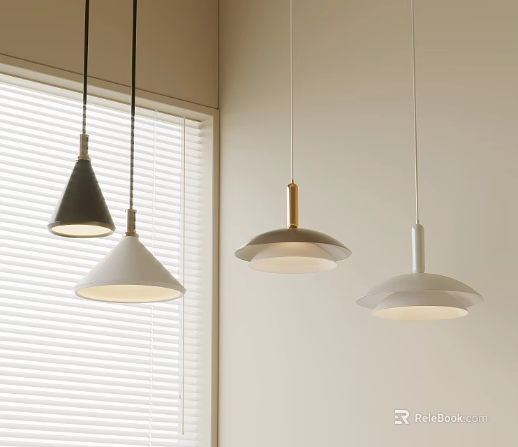 Modern Interior Stylish Pendant Lights with Gray White Shades and Metallic Accents by Window Blinds 3d model 