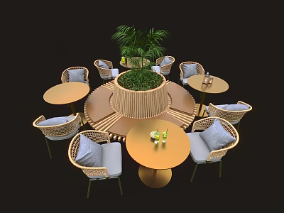 Round Outdoor Tables with Rattan Chairs Gray Cushions Surrounding Central Green Plant and Drinks 3d model