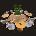 Round Outdoor Tables with Rattan Chairs Gray Cushions Surrounding Central Green Plant and Drinks