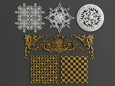 Ornate Carved Decorative Patterns With Golden White Elements And Geometric Designs 3d model