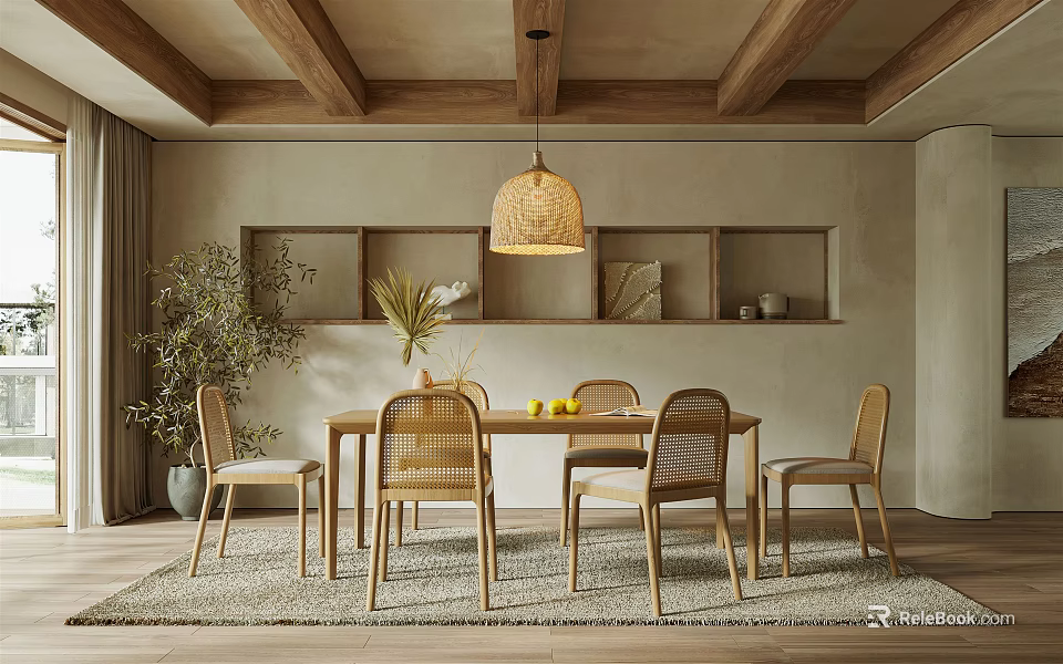 Warm Restaurant Interior With Wooden Ceiling Pendant Light Wall Shelves Dining Table Chairs And Rug 3d model 