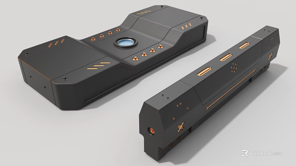 Black Metallic Industrial Equipment With Orange Accents And Circular Component Design 3d model 