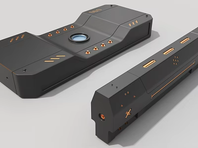 Black Metallic Industrial Equipment With Orange Accents And Circular Component Design 3d model