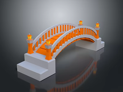 White and Orange Arch Bridge with Steps Railings and Lanterns 3d model