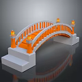 White and Orange Arch Bridge with Steps Railings and Lanterns 3d model