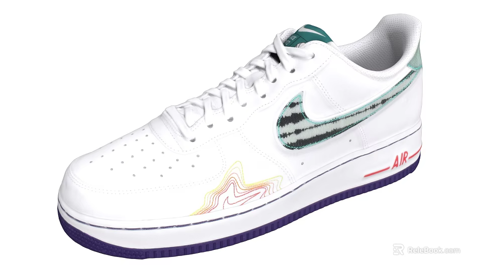 Nike Air Force 1 White Sneakers With Colorful Patterns Swoosh Purple Sole And AIR Logo 3d model 