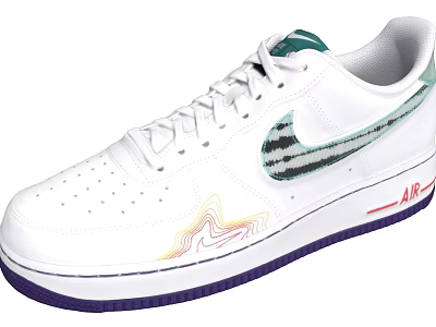 Nike Air Force 1 White Sneakers With Colorful Patterns Swoosh Purple Sole And AIR Logo 3d model