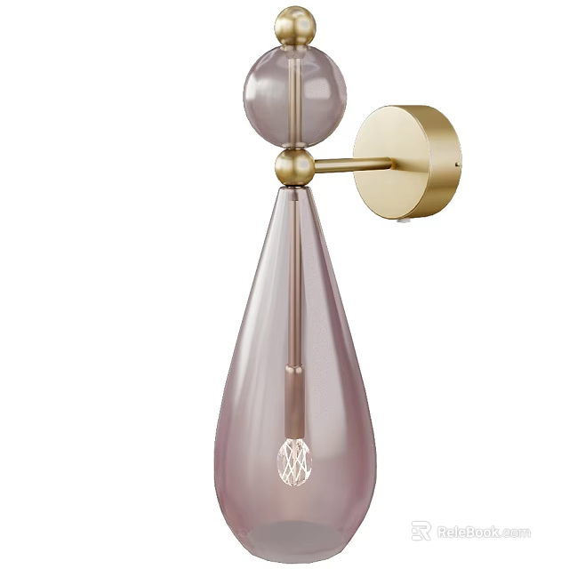 Modern Pink Glass Wall Lamp with Gold Metal Arm and Teardrop Shade 3d model 