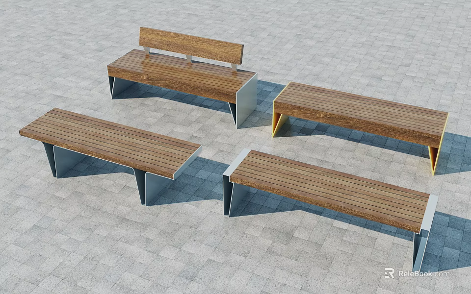 Outdoor Landscape Seats With Wooden Surfaces And Metal Frames On Paved Ground 3d model 