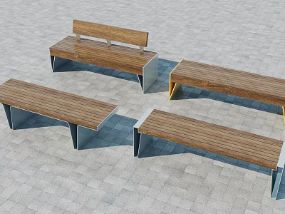 Outdoor Landscape Seats With Wooden Surfaces And Metal Frames On Paved Ground 3d model
