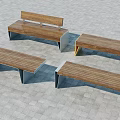 Outdoor Landscape Seats With Wooden Surfaces And Metal Frames On Paved Ground