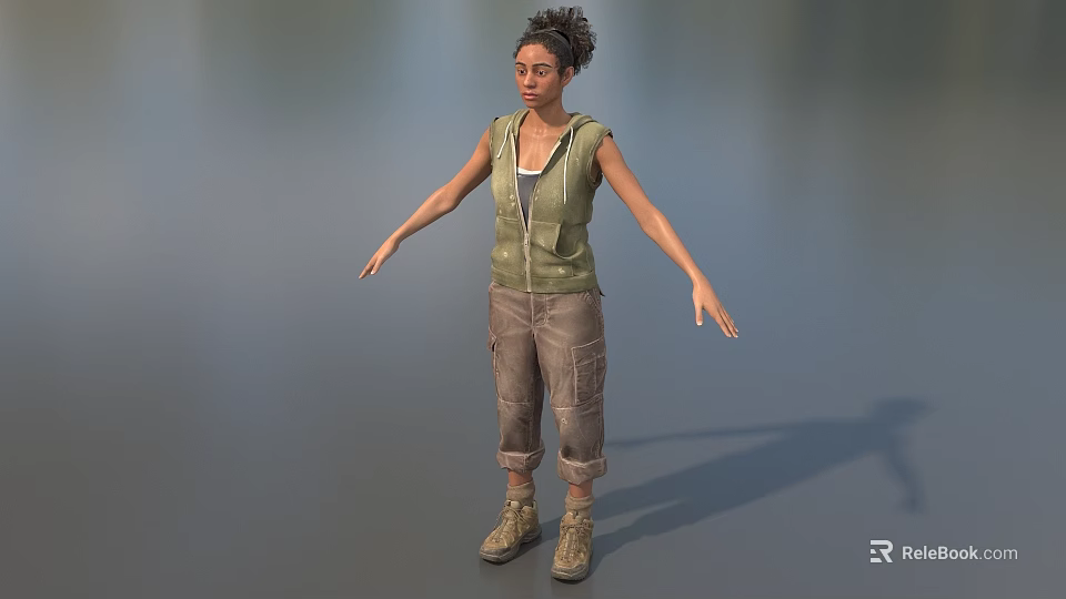 Game Movie Female Character in Green Sleeveless Vest Brown Cargo Pants Boots with Outstretched Arms 3d model 