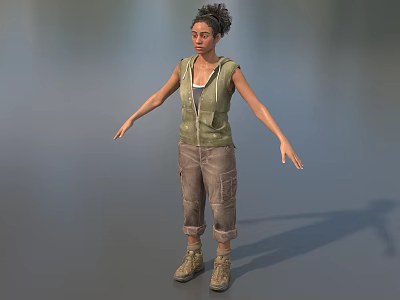 Game Movie Female Character in Green Sleeveless Vest Brown Cargo Pants Boots with Outstretched Arms 3d model
