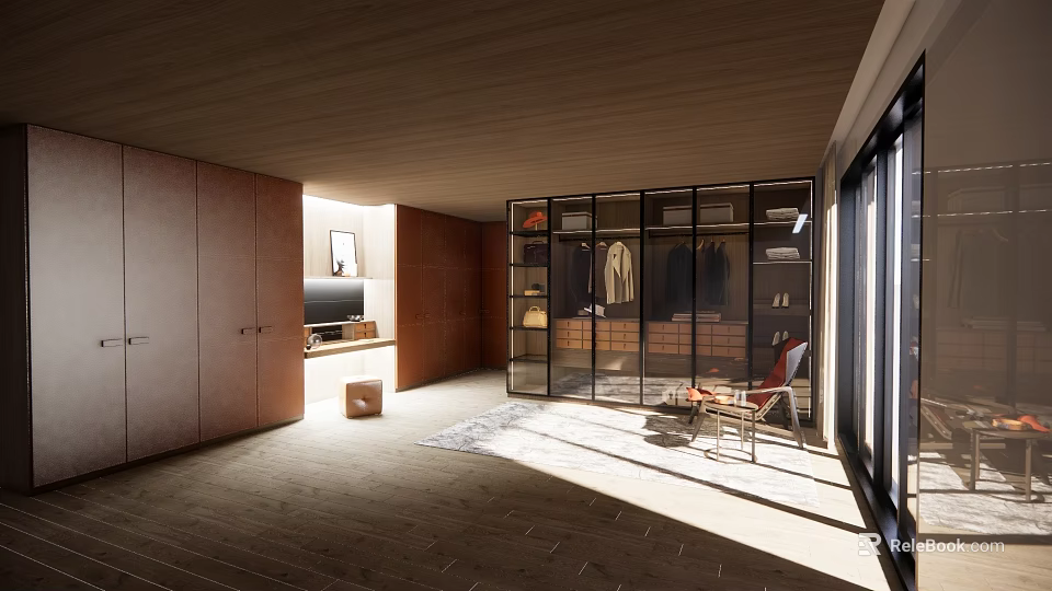 Elegant Modern Walk-in Closet Interior With Glass Door Cabinets And Storage Shelves 3d model 