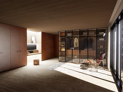 Elegant Modern Walk-in Closet Interior With Glass Door Cabinets And Storage Shelves 3d model