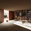 Elegant Modern Walk-in Closet Interior With Glass Door Cabinets And Storage Shelves