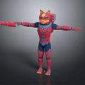 3D Feline Character In Red And Blue Outfit With Mechanical Arm And Outstretched Arms