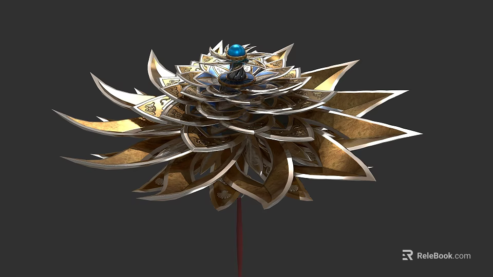 Golden Spiked Petal Weapon With Central Blue Gem And Intricate Metallic Design 3d model 