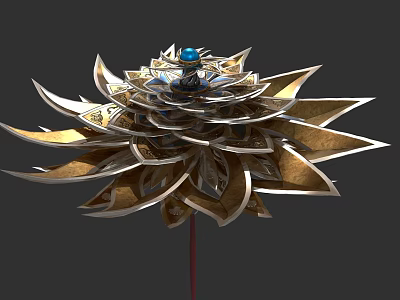 Golden Spiked Petal Weapon With Central Blue Gem And Intricate Metallic Design 3d model