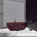 Red Bathtub in Modern Bathroom with Window Blinds and Marble Walls and Side Table