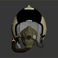 Military Weapon Helmet With Black And Beige Shell Visor Respirator And Accessories