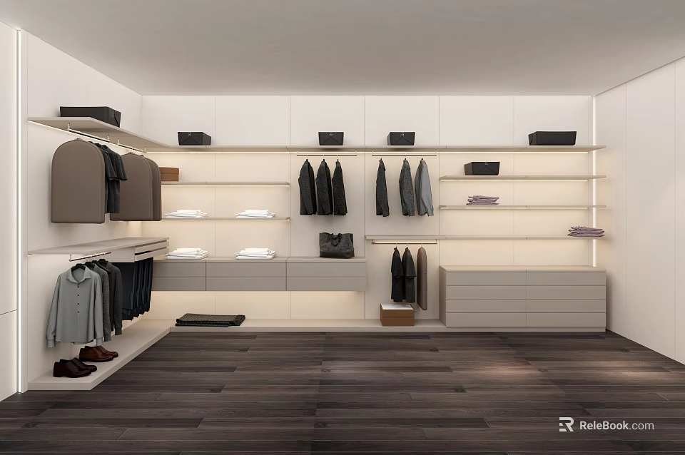 Modern Walk in Closet Interior With Hanging Garments Shelves Drawers And Organized Storage 3d model 