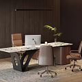 Elegant Modern Office Desk Interior With Marble Top Leather Chair And Floor Lamp