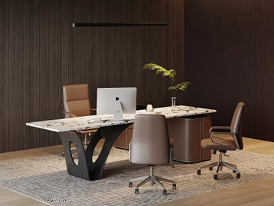 Elegant Modern Office Desk Interior With Marble Top Leather Chair And Floor Lamp 3d model