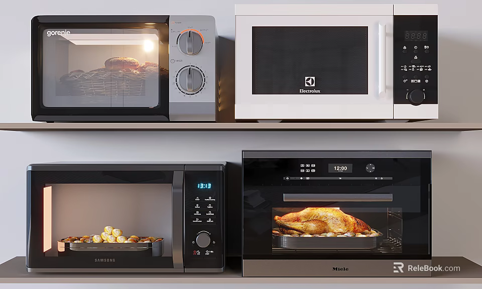 Various Countertop Microwave Ovens With Cooked Food For Daily Kitchen Use 3d model 