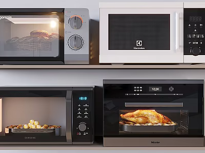 Various Countertop Microwave Ovens With Cooked Food For Daily Kitchen Use 3d model