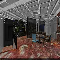 Modern Industrial Style Restaurant Interior Featuring Chandelier Lighting Marble Floor Decorative Painting And Colorful Dining Chairs