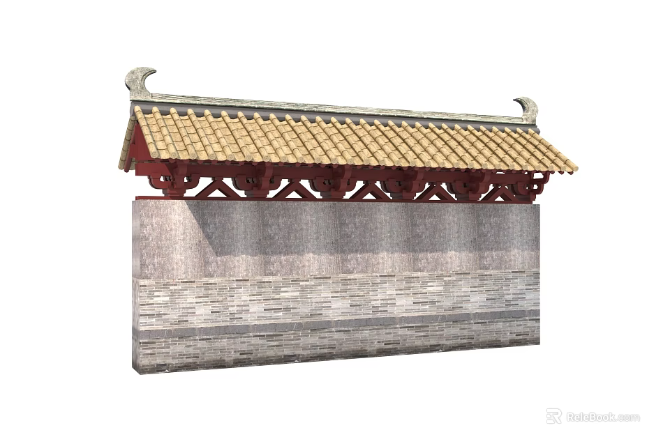 Building Exterior Wall with Traditional Roof Yellow Tiles Ornate Eave and Gray Textured Bricks 3d model 