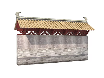 Building Exterior Wall with Traditional Roof Yellow Tiles Ornate Eave and Gray Textured Bricks 3d model