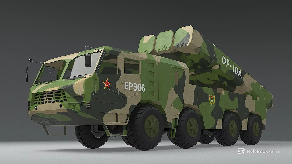 Camouflage Painted Functional Vehicle With DF10A Missile Launch System And Red Five Pointed Star 3d model 